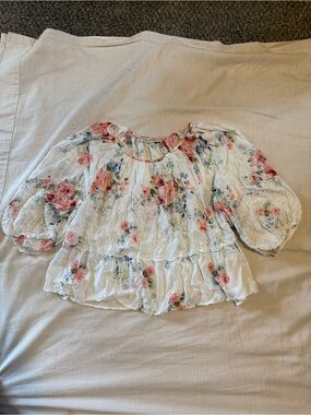 Boho White Floral Eyelet Puff-Sleeve Blouse with Pink Rose Print